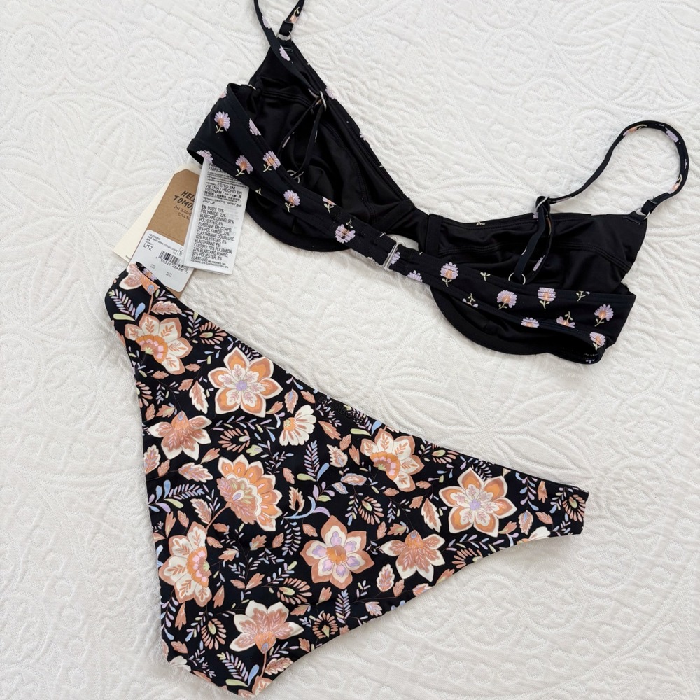 Billabong Hide Away Hippie Tropic Bikini Set, Black Peach Floral L 12 - Picture 2 of 5
